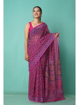 Unnati Silks - Pink Pure Hand Block Printed Kota Saree with Unstitched Blouse-Unm81489