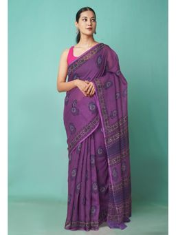 Unnati Silks - Purple Pure Hand Block Printed Kota Saree with Unstitched Blouse-Unm81490