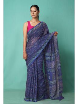 Unnati Silks - Blue Pure Hand Block Printed Kota Saree with Unstitched Blouse-Unm81491