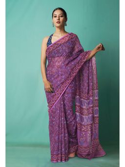 Unnati Silks - Purple Pure Hand Block Printed Kota Saree with Unstitched Blouse-Unm81492