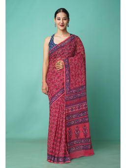 Unnati Silks - Pink Pure Hand Block Printed Kota Saree with Unstitched Blouse-Unm81493