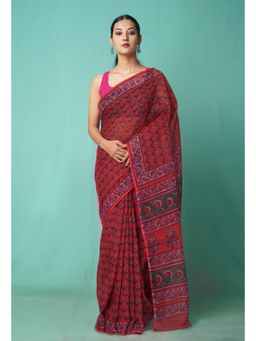 Unnati Silks - Red Pure Hand Block Printed Kota Saree with Unstitched Blouse-Unm81494