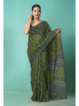 Unnati Silks - Green Pure Hand Block Printed Kota Saree with Unstitched Blouse-Unm81496