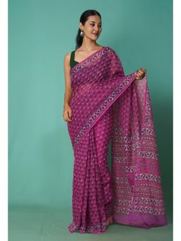 Unnati Silks - Pink Pure Hand Block Printed Kota Saree with Unstitched Blouse-Unm81498