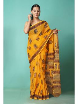 Unnati Silks - Yellow Pure Hand Block Printed Kota Saree with Unstitched Blouse-Unm81499