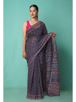 Unnati Silks - Grey Pure Hand Block Printed Kota Saree with Unstitched Blouse-Unm81500