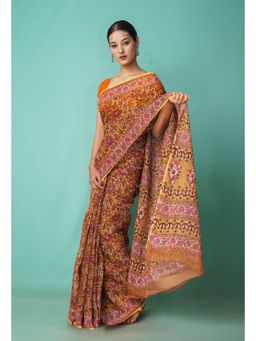 Unnati Silks - Brown Pure Hand Block Printed Kota Saree with Unstitched Blouse-Unm81501