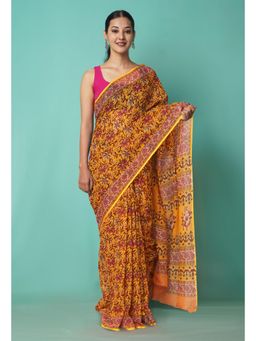 Unnati Silks - Yellow Pure Hand Block Printed Kota Saree with Unstitched Blouse-Unm81502