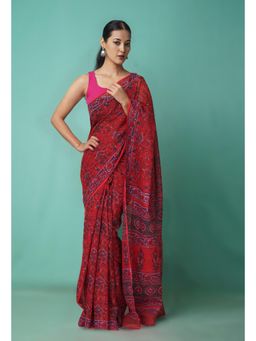 Unnati Silks - Red Pure Hand Block Printed Kota Saree with Unstitched Blouse-Unm81503