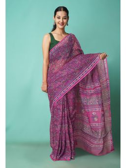 Unnati Silks - Pink Pure Hand Block Printed Kota Saree with Unstitched Blouse-Unm81504