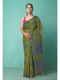 Unnati Silks - Green Pure Hand Block Printed Kota Saree with Unstitched Blouse-Unm81505