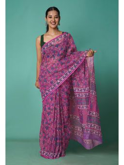 Unnati Silks - Pink Pure Hand Block Printed Kota Saree with Unstitched Blouse-Unm81506