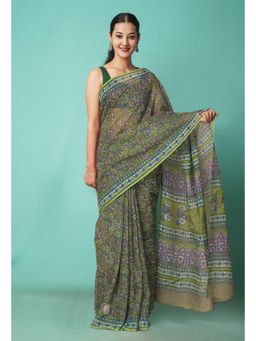 Unnati Silks - Green Pure Hand Block Printed Kota Saree with Unstitched Blouse-Unm81507