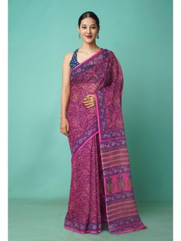 Unnati Silks - Pink Pure Hand Block Printed Kota Saree with Unstitched Blouse-Unm81508