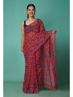 Unnati Silks - Red Pure Hand Block Printed Kota Saree with Unstitched Blouse-Unm81509