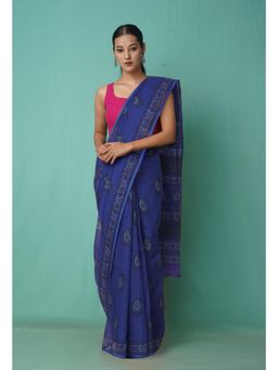 Unnati Silks - Blue Pure Hand Block Printed Kota Saree with Unstitched Blouse-Unm81510