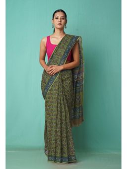 Unnati Silks - Green Pure Hand Block Printed Kota Saree with Unstitched Blouse-Unm81511