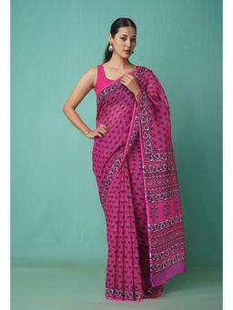 Unnati Silks - Pink Pure Hand Block Printed Kota Saree with Unstitched Blouse-Unm81513