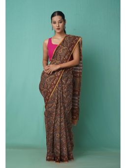Unnati Silks - Brown Pure Hand Block Printed Kota Saree with Unstitched Blouse-Unm81515