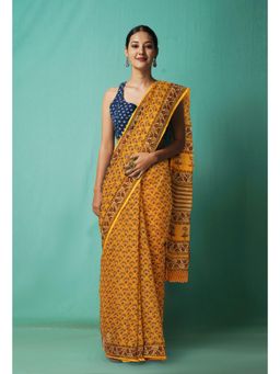 Unnati Silks - Yellow Pure Hand Block Printed Kota Saree with Unstitched Blouse-Unm81516