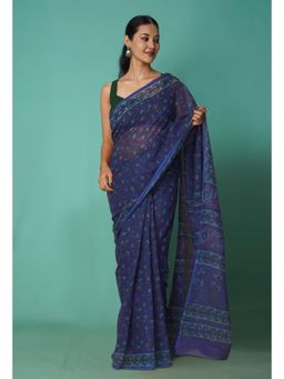 Unnati Silks - Blue Pure Hand Block Printed Kota Saree with Unstitched Blouse-Unm81517