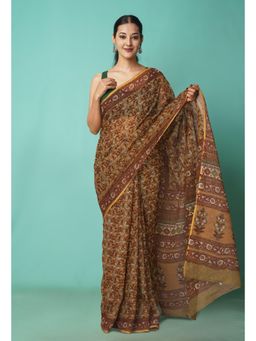 Unnati Silks - Brown Pure Hand Block Printed Kota Saree with Unstitched Blouse-Unm81518