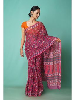 Unnati Silks - Pink Pure Hand Block Printed Kota Saree with Unstitched Blouse-Unm81521