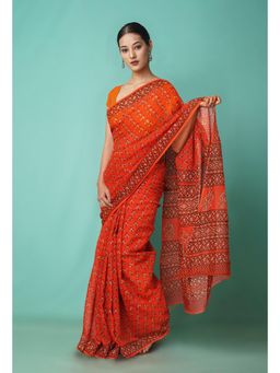 Unnati Silks - Orange Pure Hand Block Printed Kota Saree with Unstitched Blouse-Unm81522