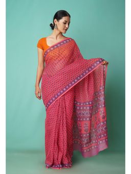 Unnati Silks - Pink Pure Hand Block Printed Kota Saree with Unstitched Blouse-Unm81523