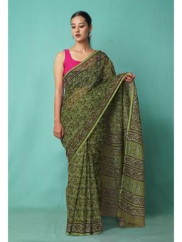 Unnati Silks - Green Pure Hand Block Printed Kota Saree with Unstitched Blouse-Unm81524