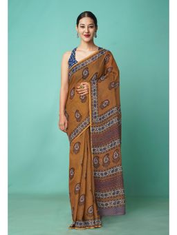 Unnati Silks - Brown Pure Hand Block Printed Kota Saree with Unstitched Blouse-Unm81525