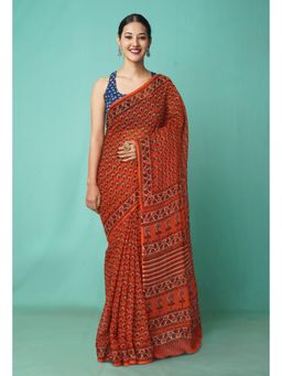 Unnati Silks - Orange Pure Hand Block Printed Kota Saree with Unstitched Blouse-Unm81526