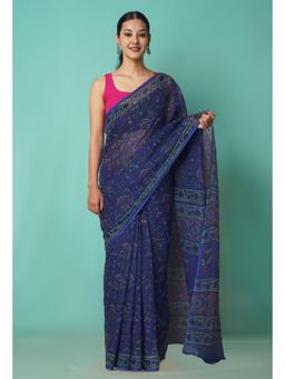 Unnati Silks - Blue Pure Hand Block Printed Kota Saree with Unstitched Blouse-Unm81527