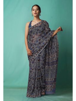 Unnati Silks - Grey Pure Hand Block Printed Kota Saree with Unstitched Blouse-Unm81528