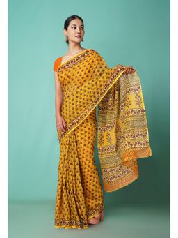 Unnati Silks - Yellow Pure Hand Block Printed Kota Saree with Unstitched Blouse-Unm81529