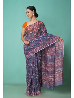 Unnati Silks - Grey Pure Hand Block Printed Kota Saree with Unstitched Blouse-Unm81530