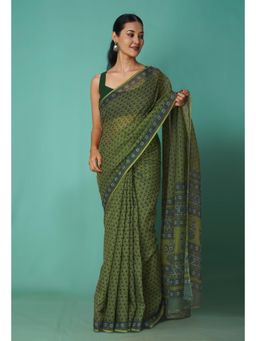 Unnati Silks - Green Pure Hand Block Printed Kota Saree with Unstitched Blouse-Unm81531