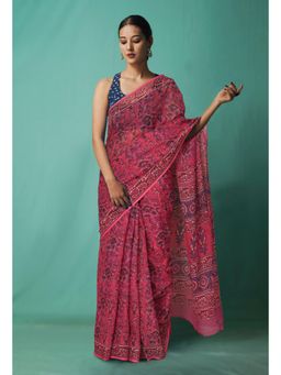 Unnati Silks - Pink Pure Hand Block Printed Kota Saree with Unstitched Blouse-Unm81532