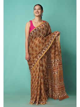 Unnati Silks - Brown Pure Hand Block Printed Kota Saree with Unstitched Blouse-Unm81533