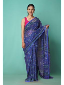 Unnati Silks - Blue Pure Hand Block Printed Kota Saree with Unstitched Blouse-Unm81534