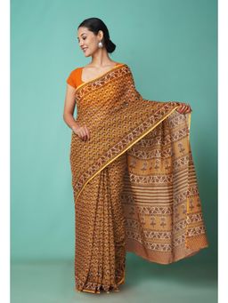 Unnati Silks - Brown Pure Hand Block Printed Kota Saree with Unstitched Blouse-Unm81537