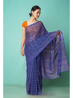 Unnati Silks - Blue Pure Hand Block Printed Kota Saree with Unstitched Blouse-Unm81538