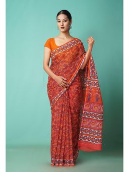 Unnati Silks - Orange Pure Hand Block Printed Kota Saree with Unstitched Blouse-Unm81539