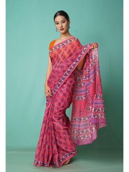 Unnati Silks - Pink Pure Hand Block Printed Kota Saree with Unstitched Blouse-Unm81540