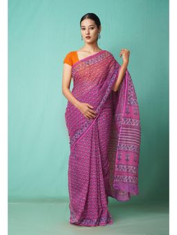 Unnati Silks - Pink Pure Hand Block Printed Kota Saree with Unstitched Blouse-Unm81541