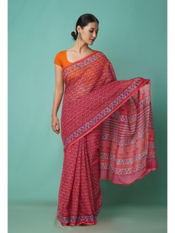 Unnati Silks - Red Pure Hand Block Printed Kota Saree with Unstitched Blouse-Unm81542