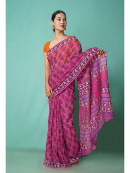 Unnati Silks - Pink Pure Hand Block Printed Kota Saree with Unstitched Blouse-Unm81543