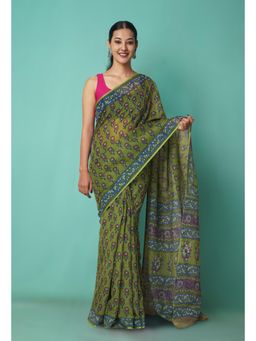 Unnati Silks - Green Pure Hand Block Printed Kota Saree with Unstitched Blouse-Unm81545