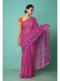 Unnati Silks - Pink Pure Hand Block Printed Kota Saree with Unstitched Blouse-Unm81546