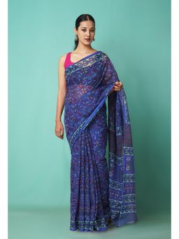 Unnati Silks - Blue Pure Hand Block Printed Kota Saree with Unstitched Blouse-Unm81547